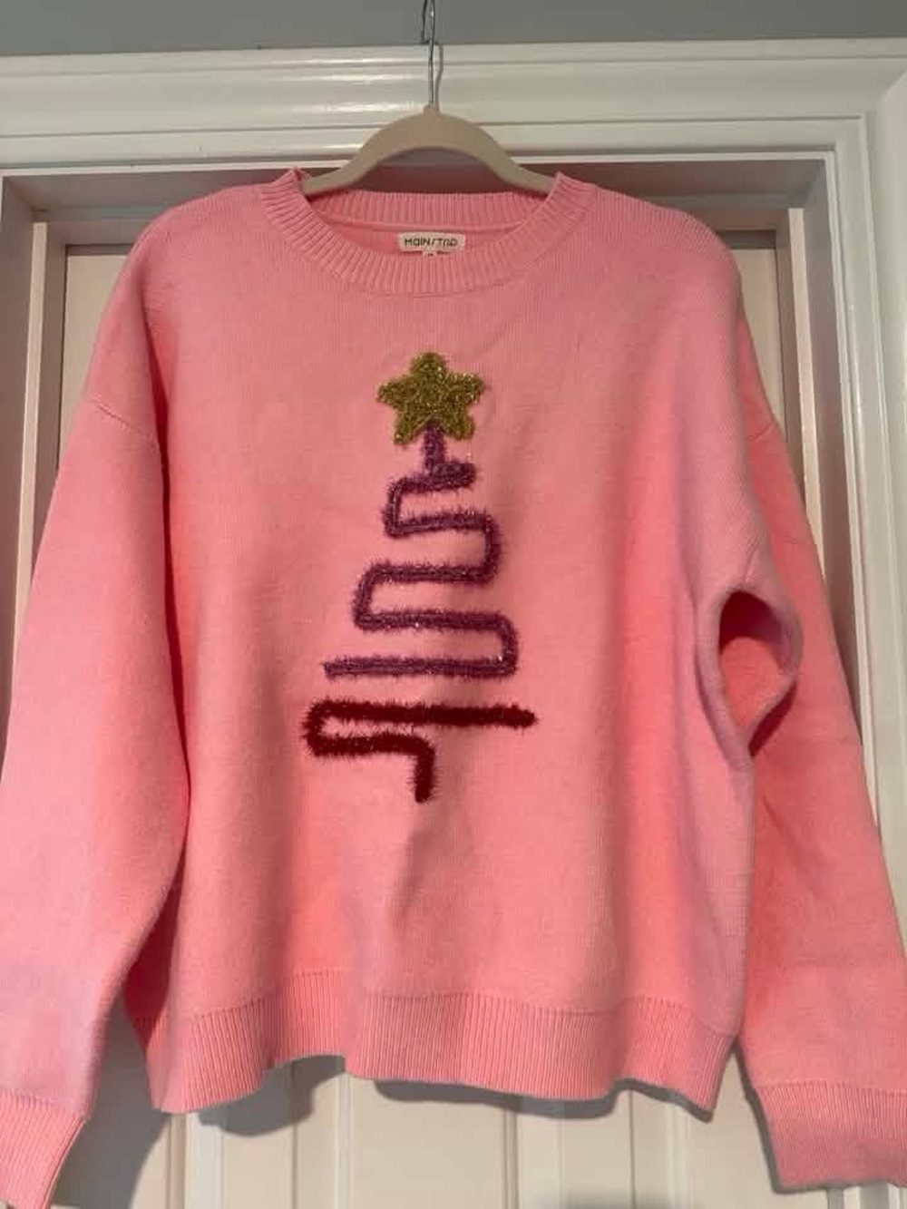 Main Strip Pink Crewneck Sweater with Fuzzy Holiday Tree